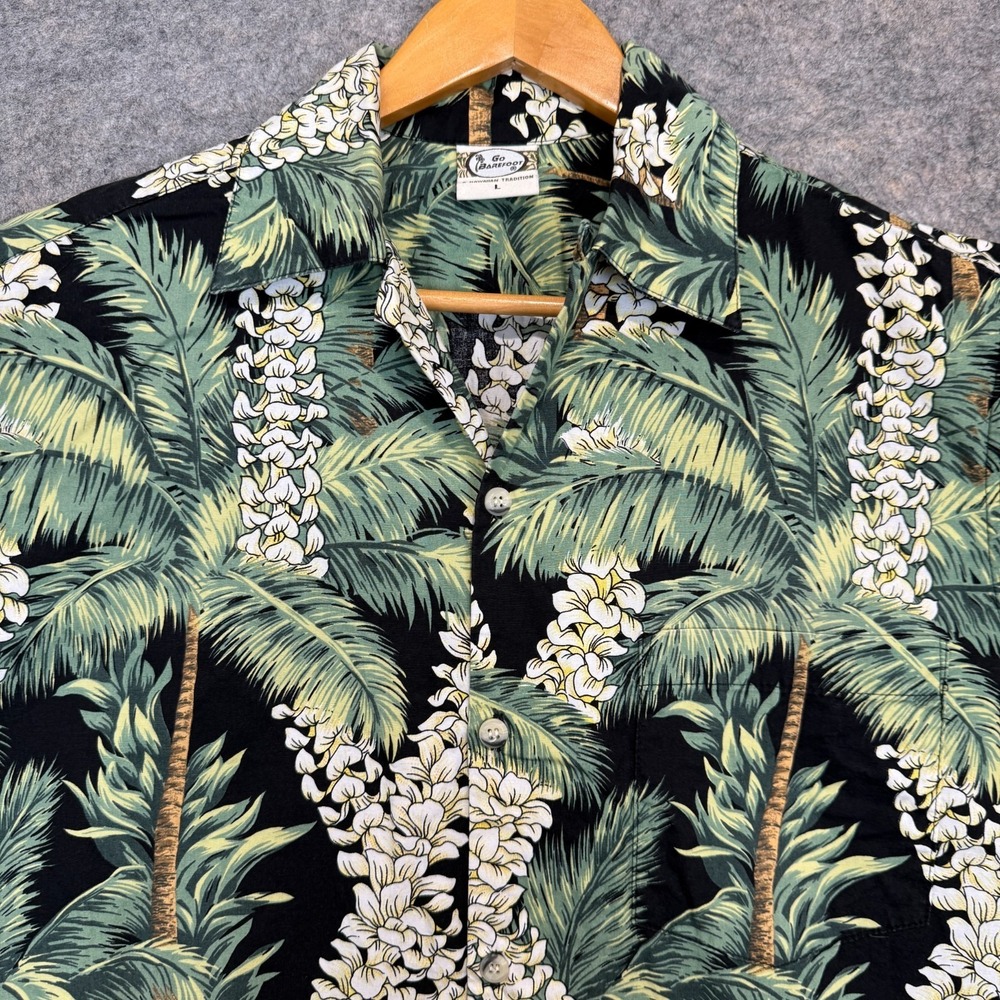 Vintage Go Barefoot Hawaiian Aloha Shirt Mens Large Palm‎ Trees Flowers Camp USA - Picture 2 of 13